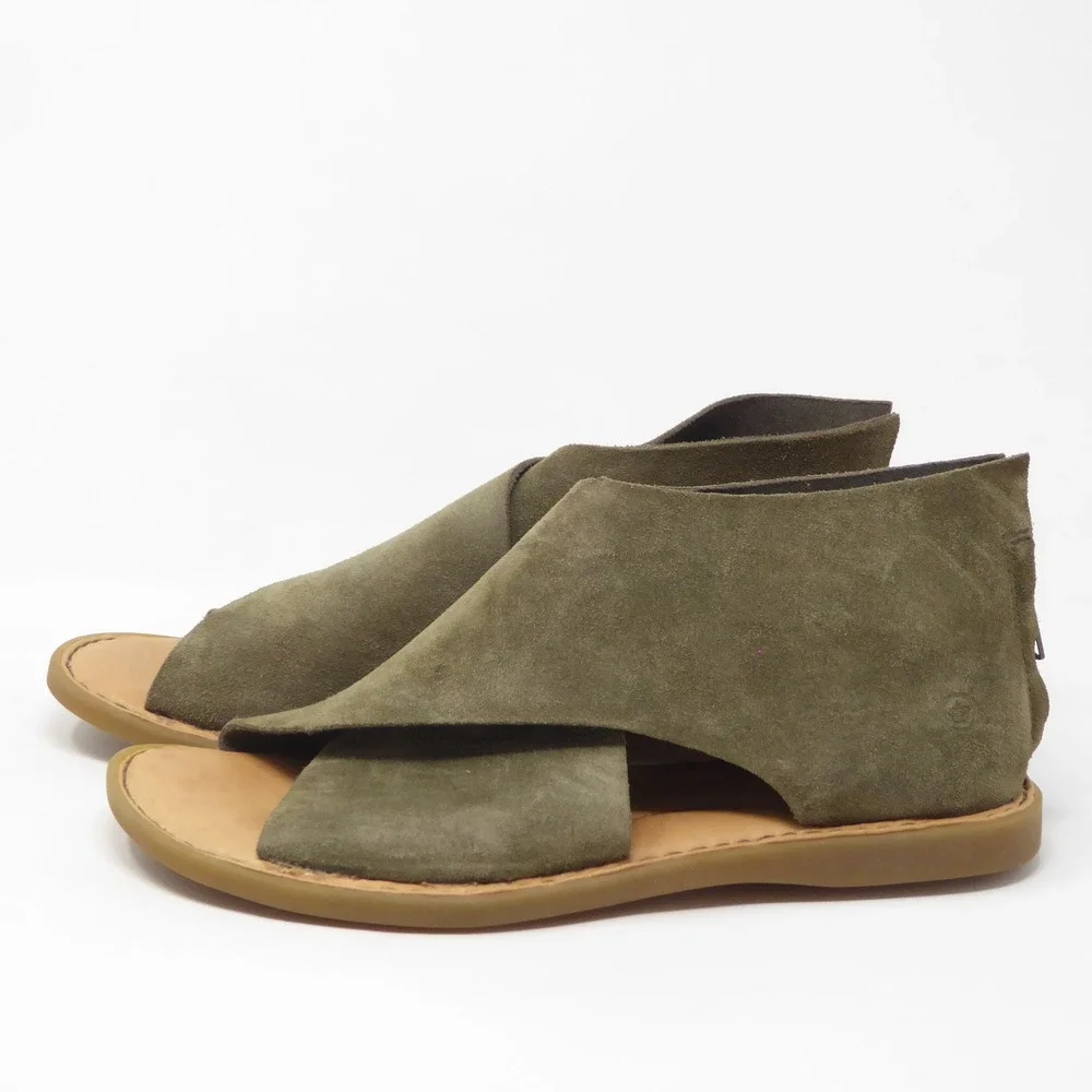 Born Womens Iwa Crisscross Sandals Green Suede Leather Back Zip Flat 8M